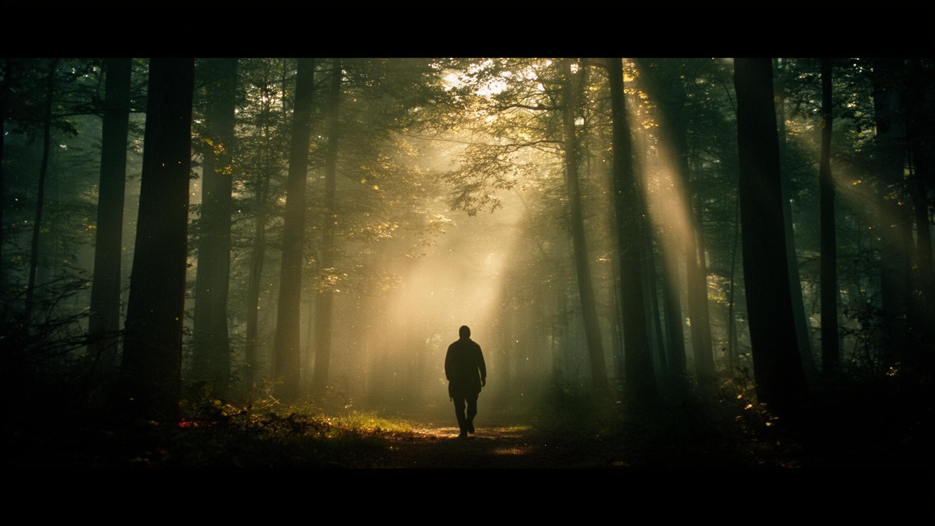 A cinematic VFX still: a lone figure in misty forest light